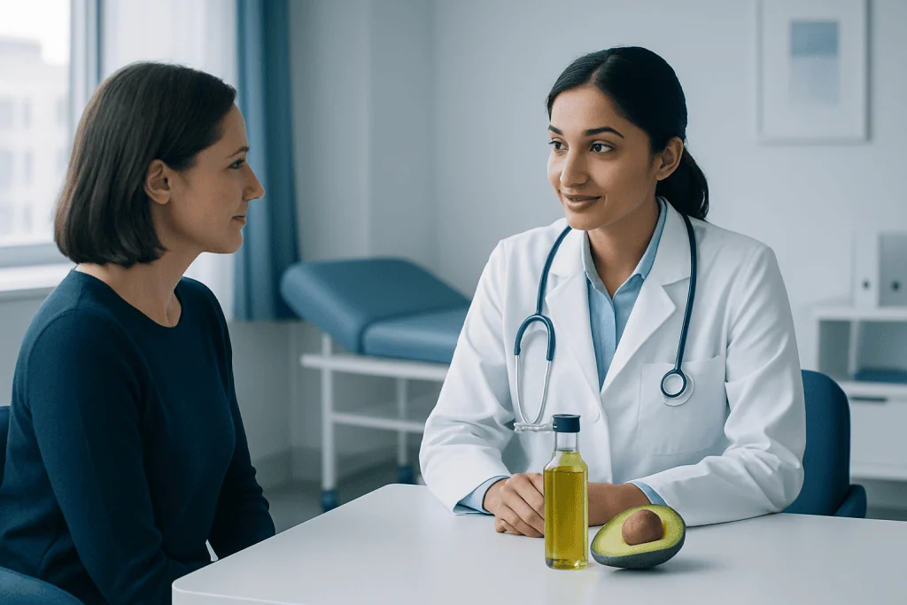 Doctor consulting a patient with avocado oil and avocado on the table.