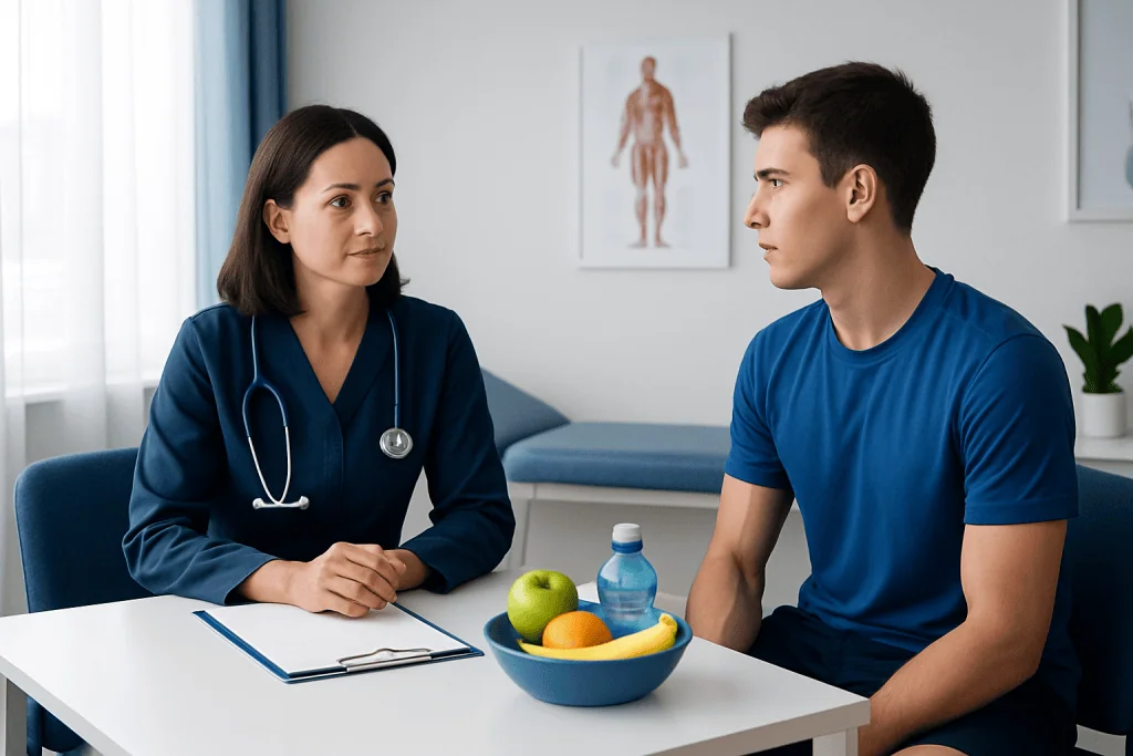 Doctor consulting a young male patient in a medical office.