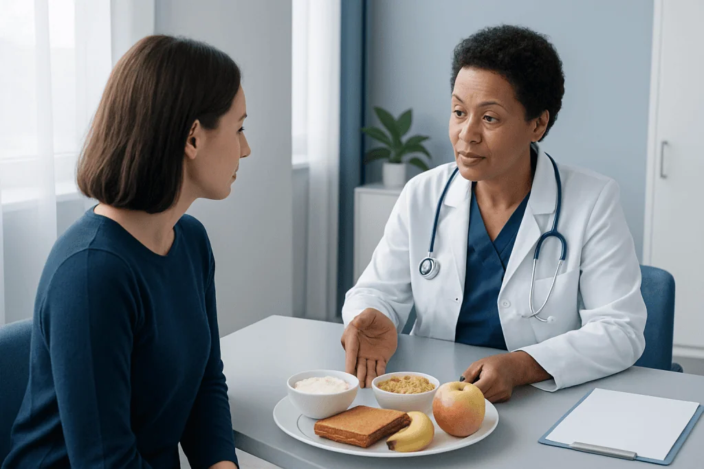 Doctor discussing healthy breakfast options with patient in clinic.