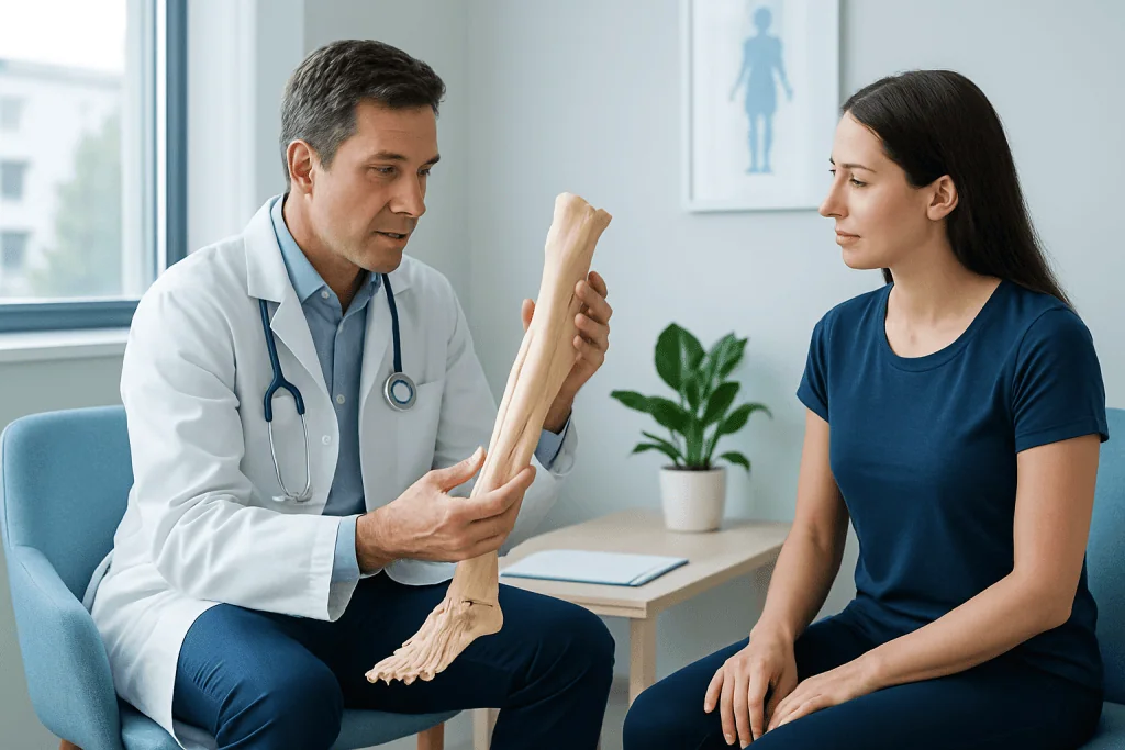 Doctor explaining leg anatomy to patient in a medical consultation.