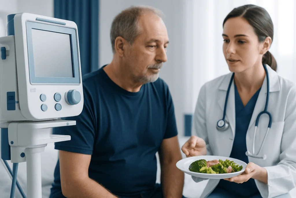 Doctor showing healthy meal to patient in hospital setting.