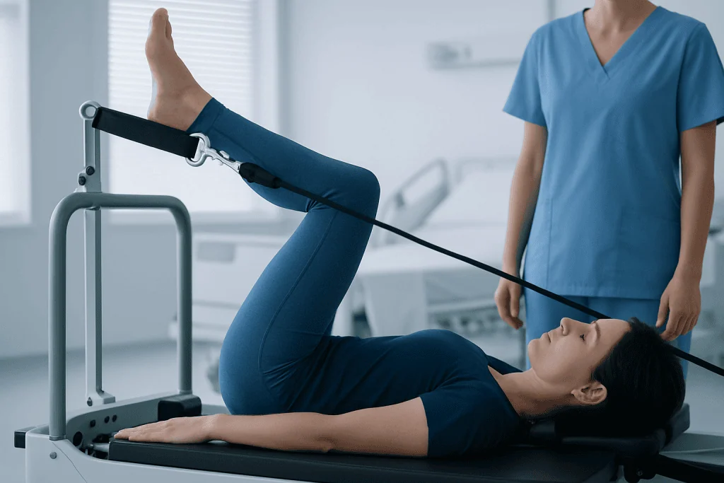 Patient performing Pilates exercise with resistance band in physiotherapy session.