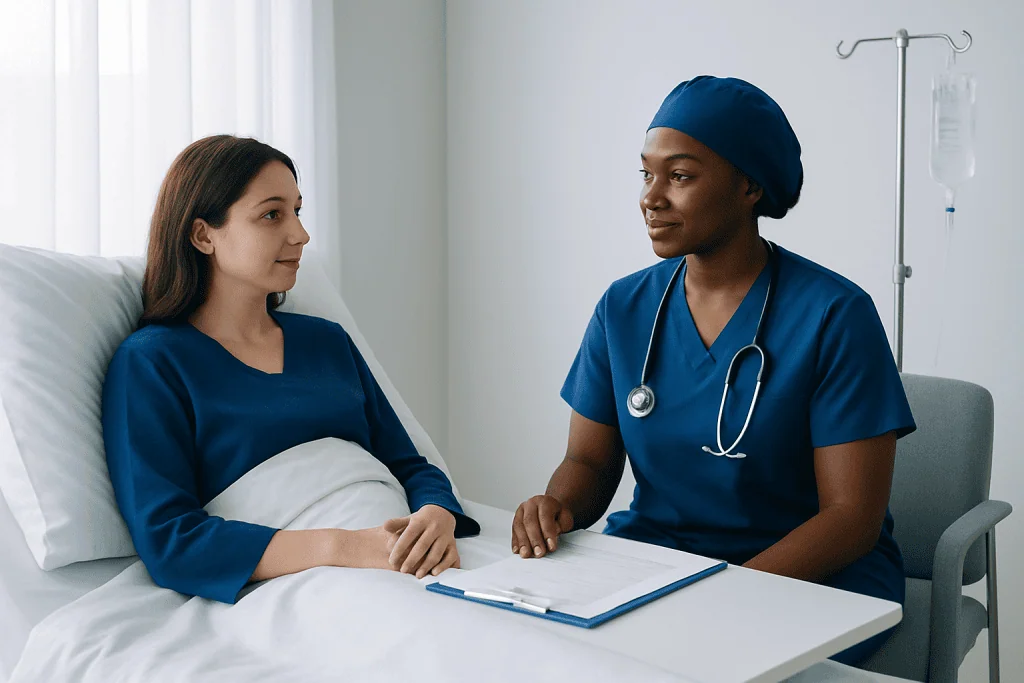 Nurse consulting with patient in hospital room for pacu recovery.