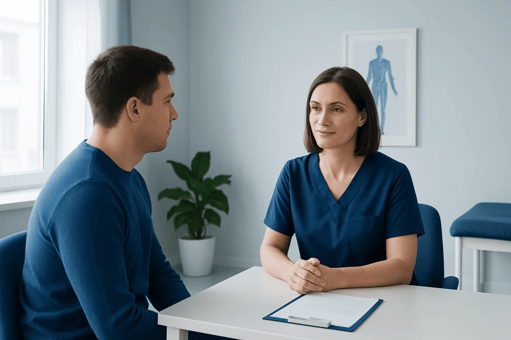 Doctor consulting with patient in a medical office at Acibadem Hospitals Group.
