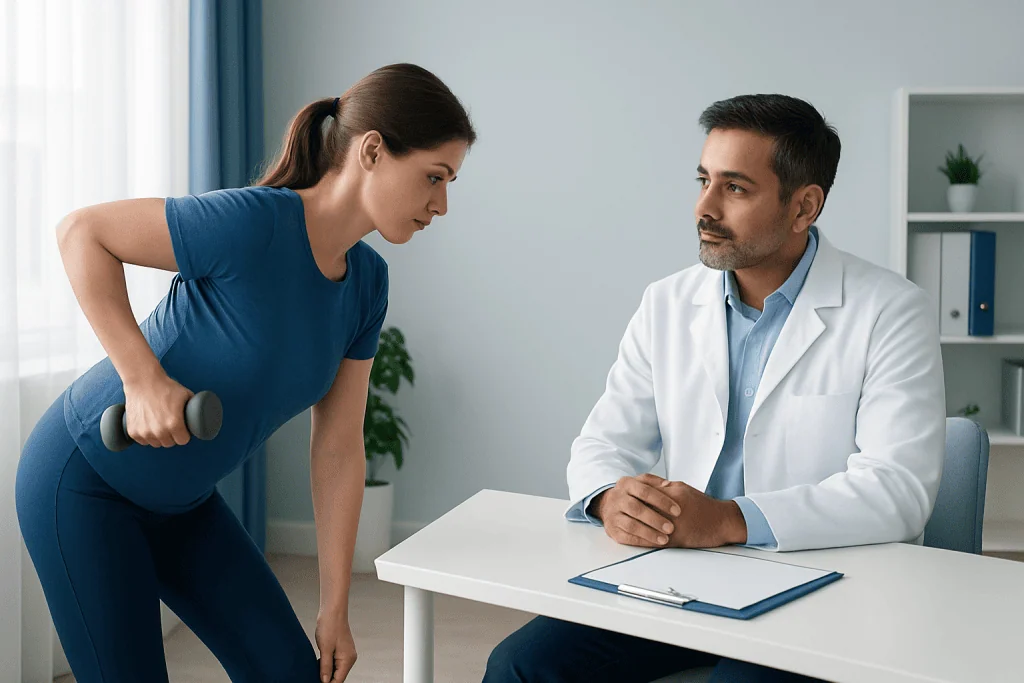 Physiotherapist consulting with patient about arm exercise at clinic.