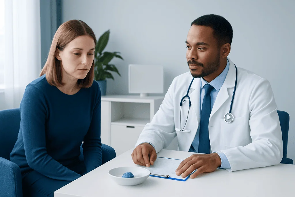 Doctor consulting with a patient about health concerns in a medical office.