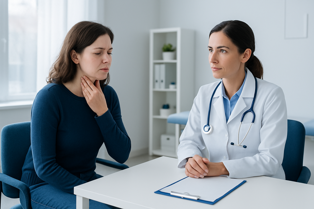 Doctor consulting with a woman patient about sore throat symptoms.