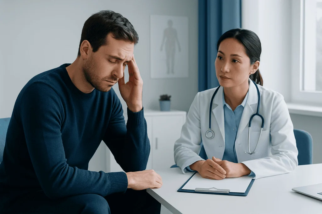 Patient consulting doctor about stress symptoms in a medical office.