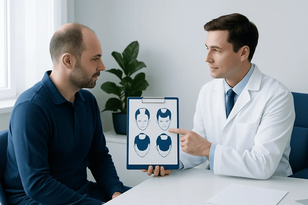 Doctor explaining hair transplant options to patient with diagram.