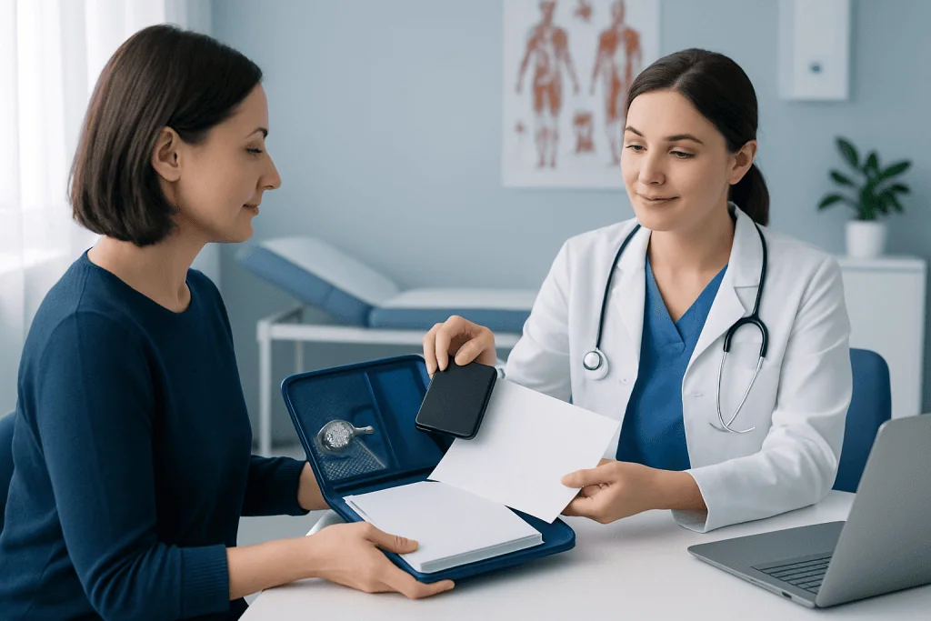 Doctor handing medical documents to patient in clinic setting.