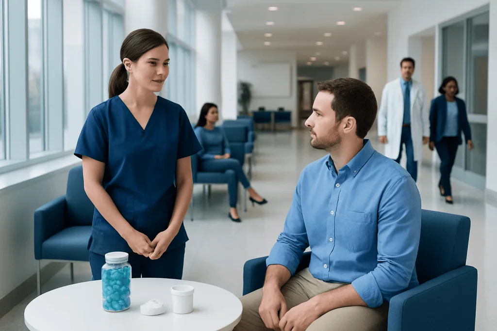 Creatine Gummies vs Powder: Key Differences and How Doctors Tell Them Apart 1 Healthcare professional consulting a patient in a modern hospital lobby.