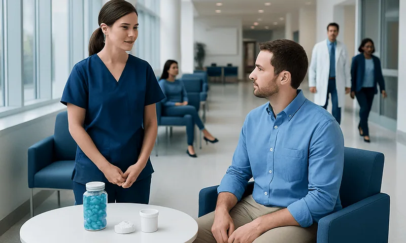 Healthcare professional consulting a patient in a modern hospital lobby.