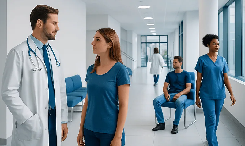 Medical professionals and patients in a hospital corridor at Acibadem Hospitals Group.
