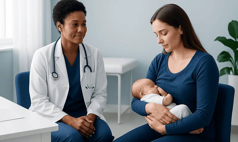 Pediatrician consulting with mother and baby in a hospital setting.