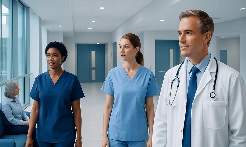 Healthcare professionals in hospital corridor with patient in background.