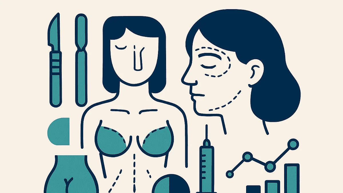 Illustration of plastic surgery procedures and tools for facial and body enhancements.