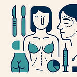 Illustration of plastic surgery procedures and tools for facial and body enhancements.