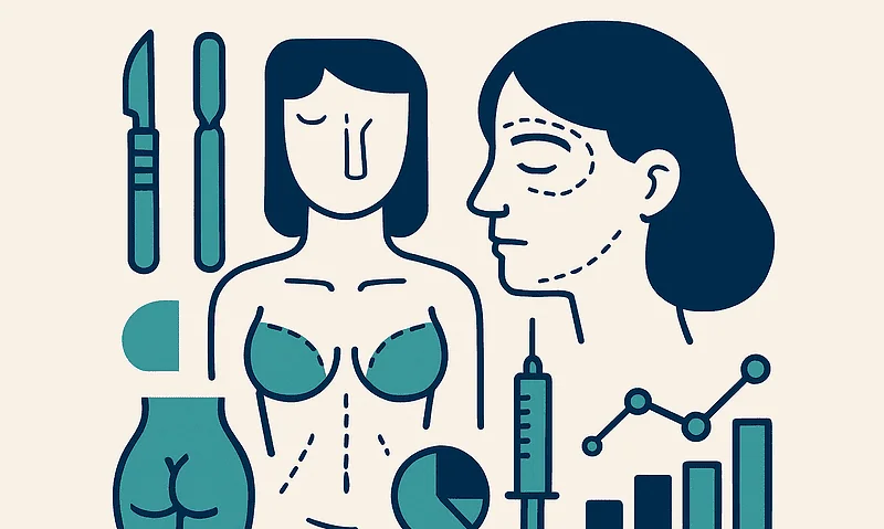 Illustration of plastic surgery procedures and tools for facial and body enhancements.