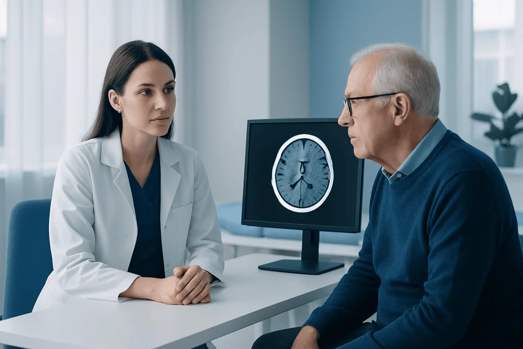 Doctor and patient discussing brain scan in a medical consultation room.