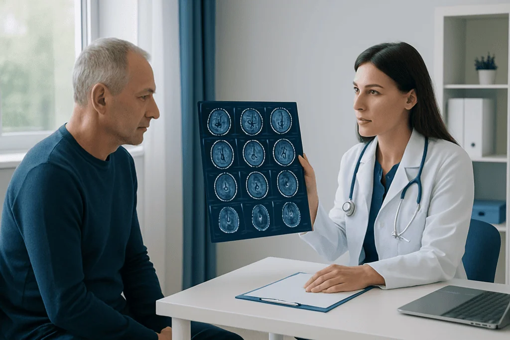 Doctor explaining brain scan results to patient in a medical consultation.