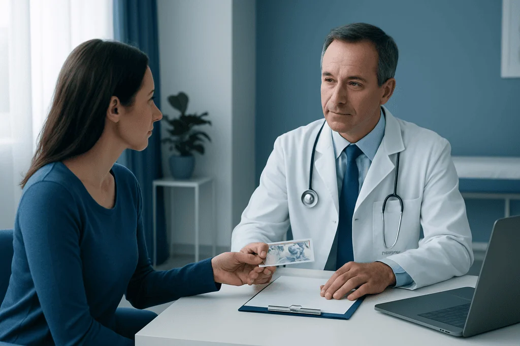Doctor consulting with a patient about medical treatment options at a clinic.