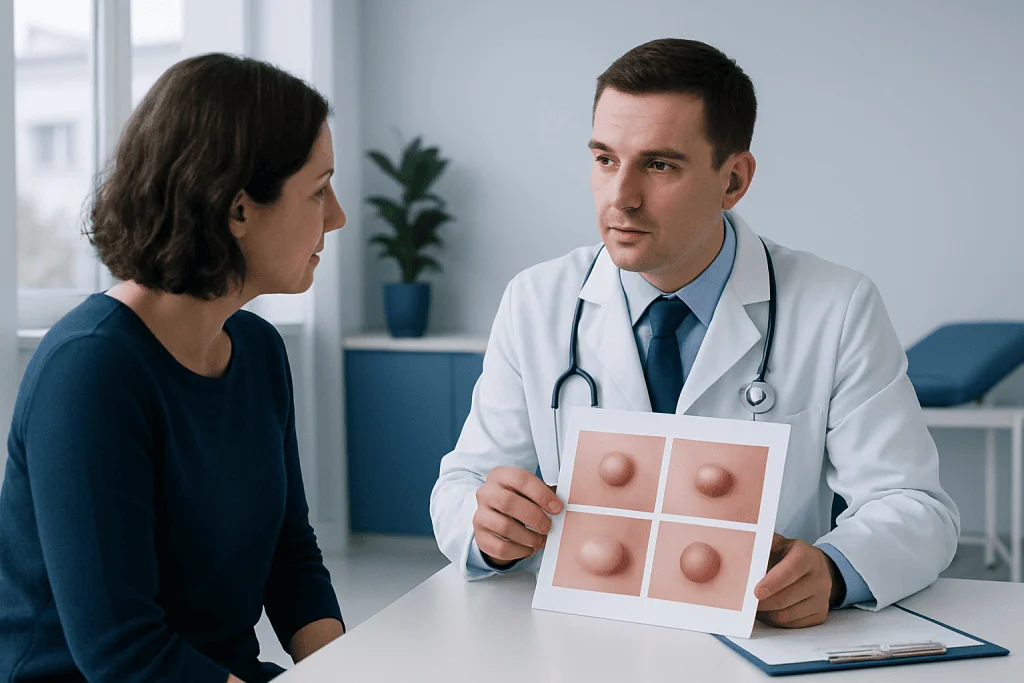 Doctor explaining cyst types to patient with visual aids in a clinic.