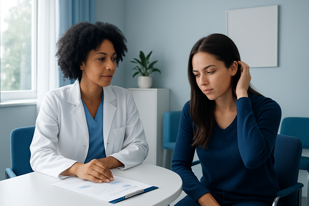 Doctor consulting with a patient about hair health in a clinic setting.