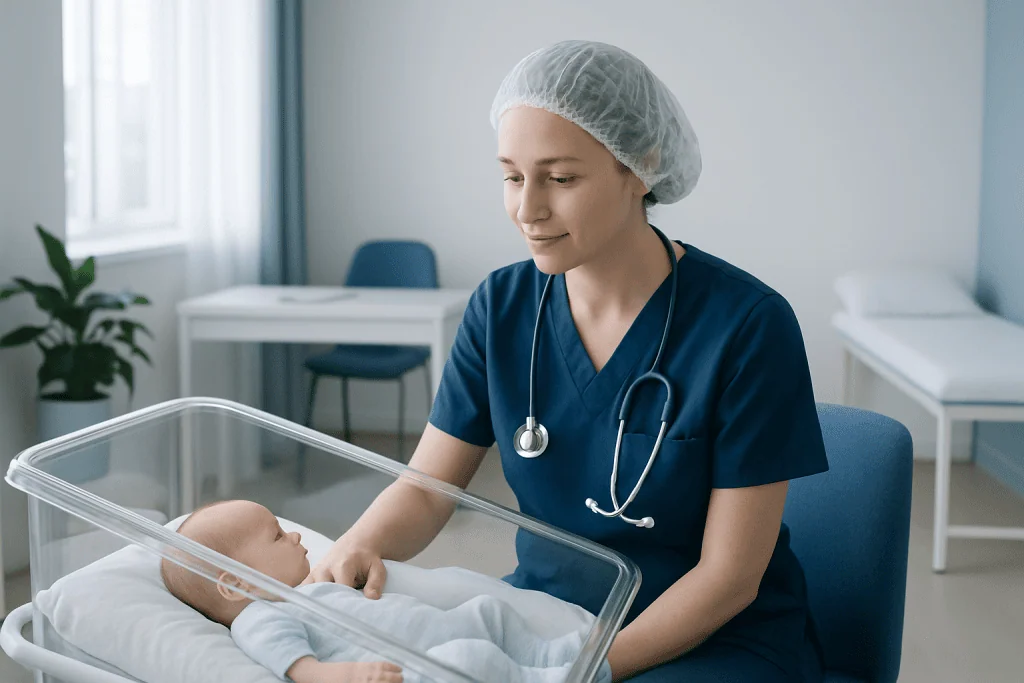 Nicu nurse caring for a newborn in a hospital setting.