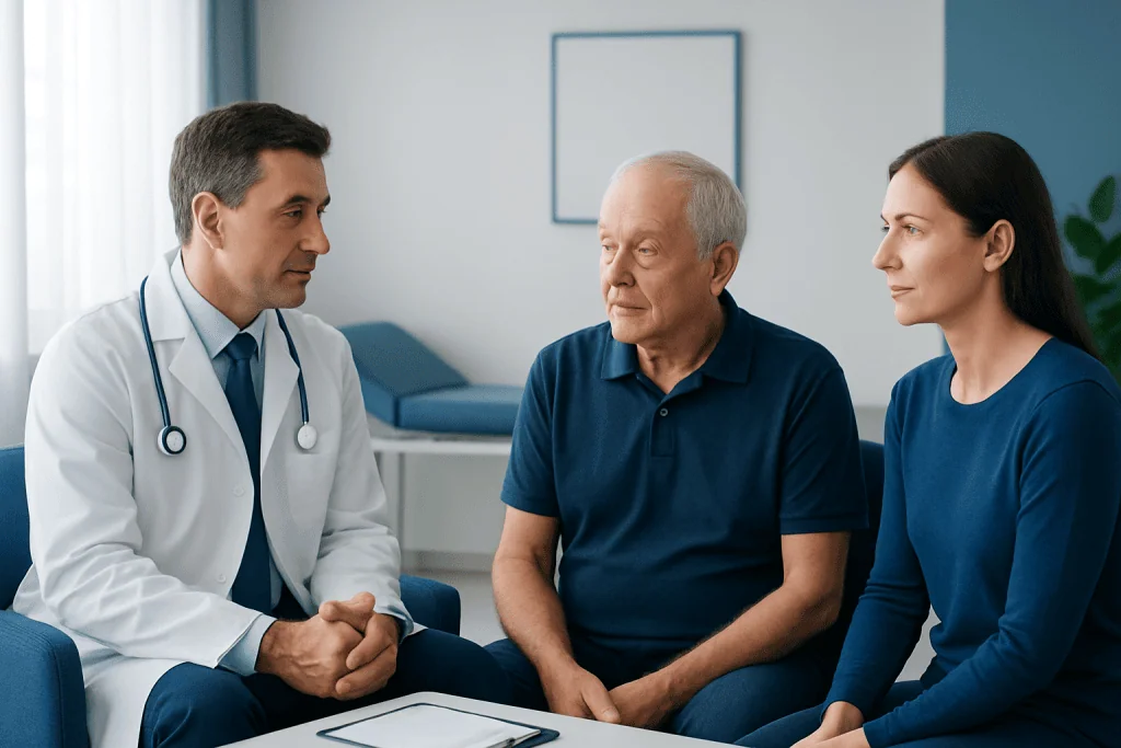 Doctor consulting with elderly patient and caregiver in a hospital setting.