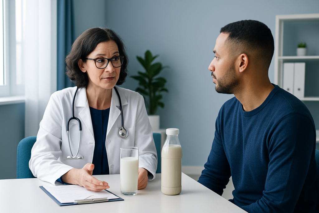 Doctor consulting with a patient about milk consumption and carbs.