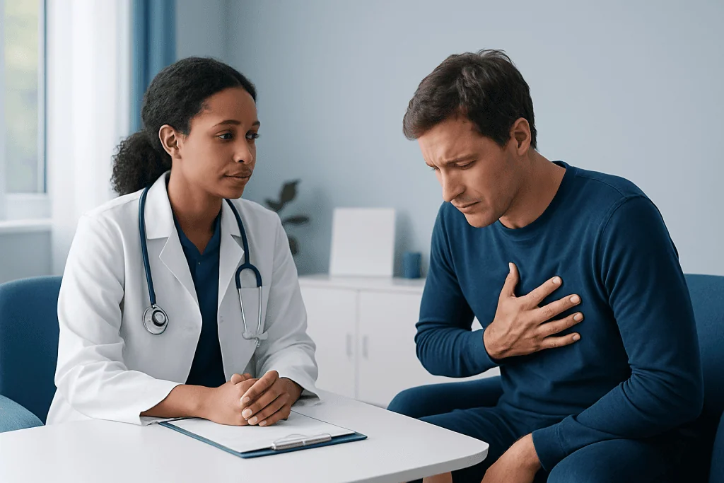 Doctor consulting with patient experiencing chest pain in clinic.