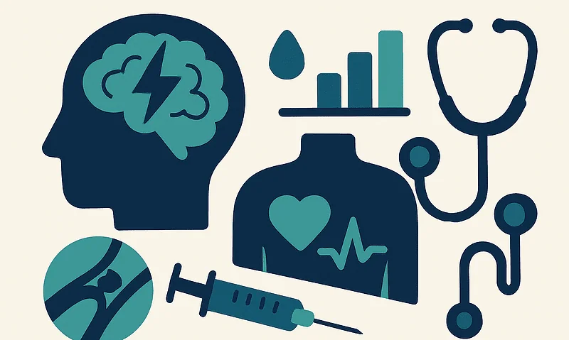 Medical icons representing stroke symptoms and treatment options.