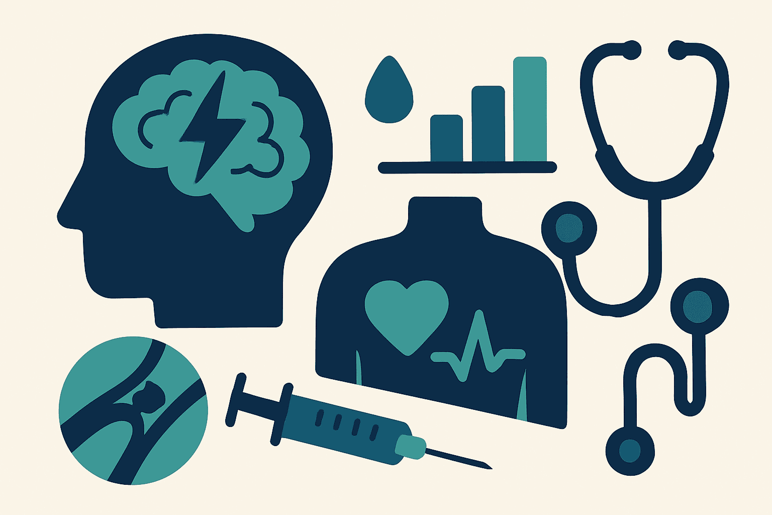 Medical icons representing stroke symptoms and treatment options.