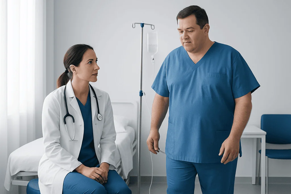 Doctor and patient discussing recovery after gastric sleeve surgery in hospital room.
