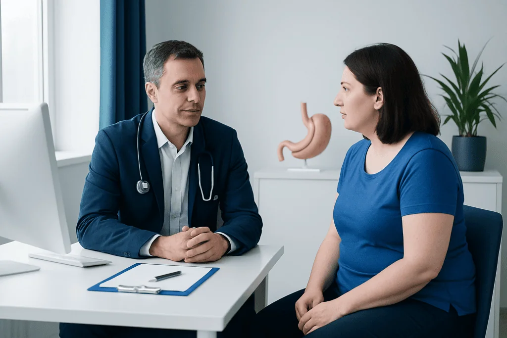 Doctor consulting a patient about gastric sleeve surgery in a medical office.