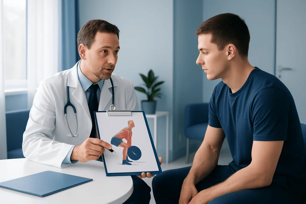 Doctor explaining deadlift biomechanics to a patient in a medical consultation.