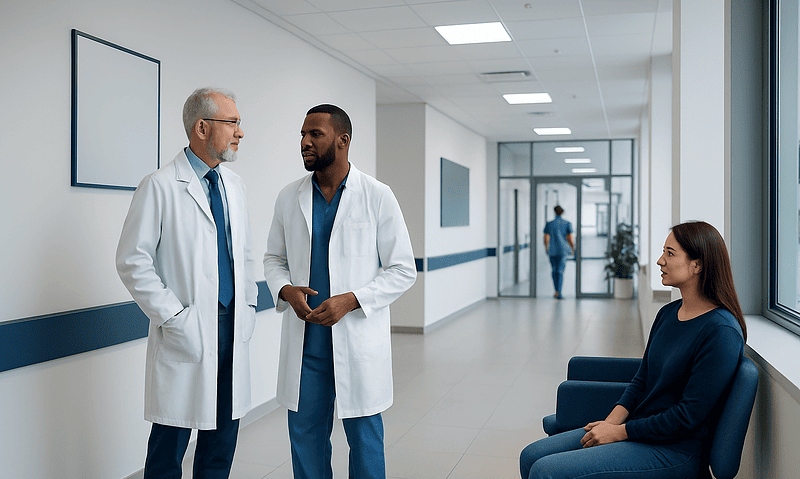 Doctors discussing patient care in hospital corridor with patient sitting nearby.