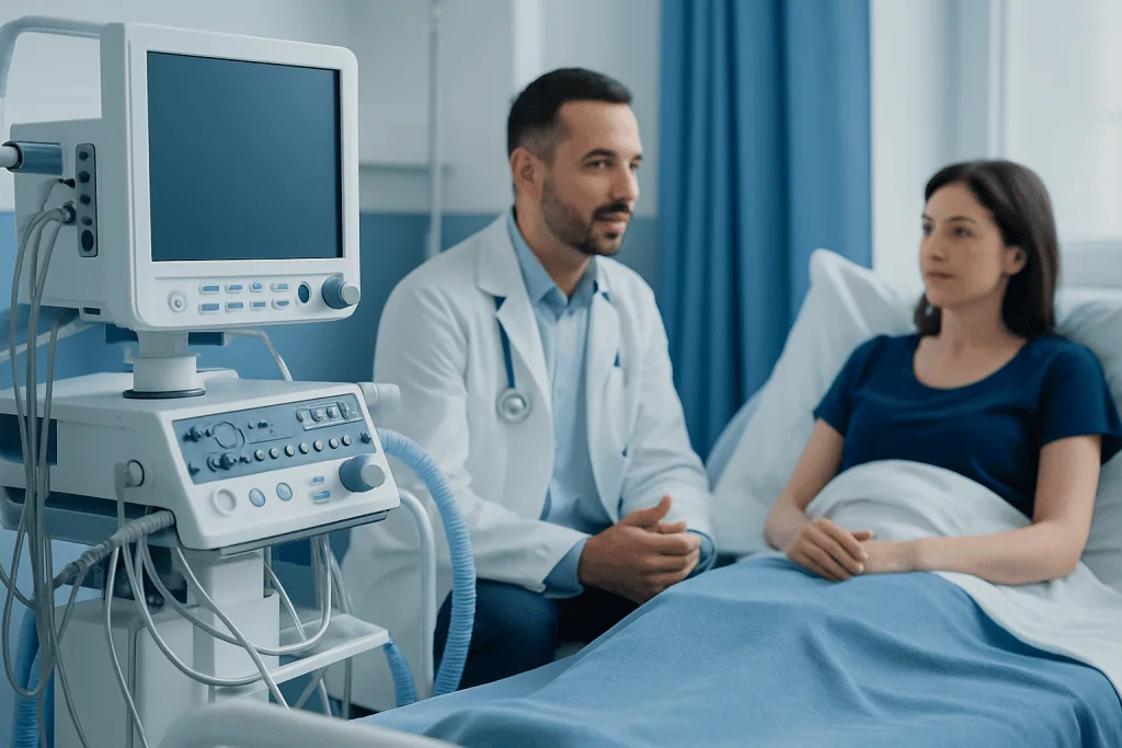 Doctor consulting with a patient in a hospital room with medical equipment.