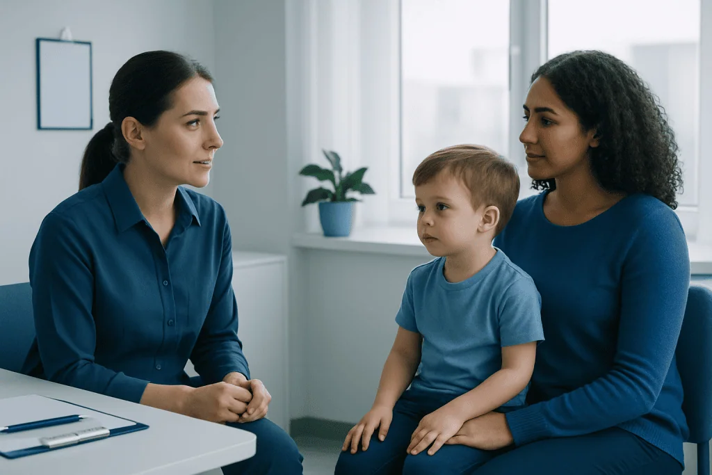 Child development consultation with a healthcare professional and mother at Acibadem Hospitals.
