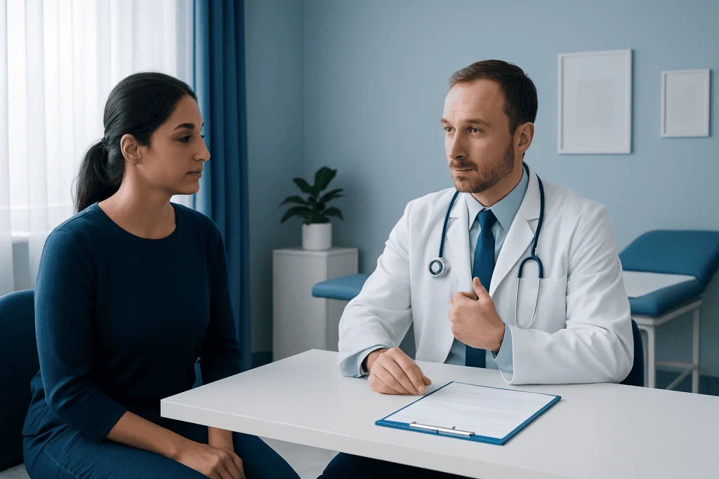Doctor consulting with a patient in a medical office setting.