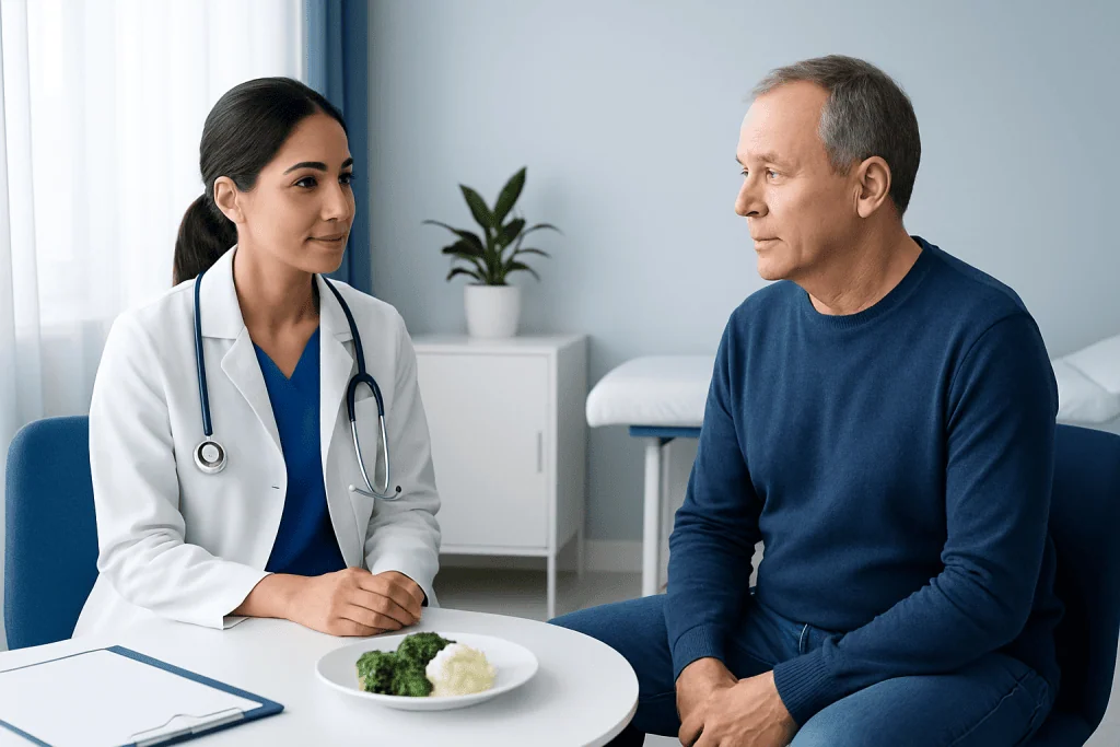 Doctor consulting with a male patient in a medical office.