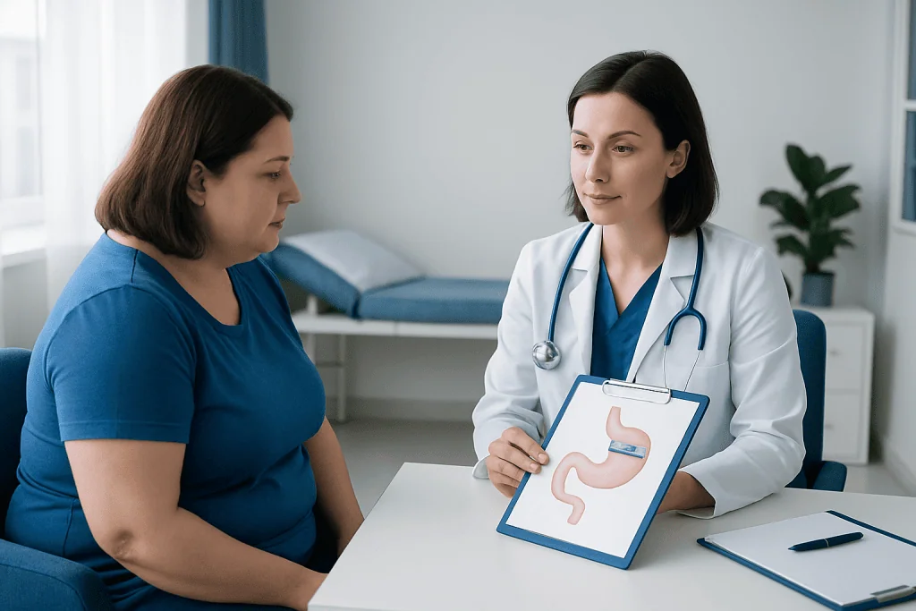 Doctor explaining gastric banding to patient with stomach diagram.