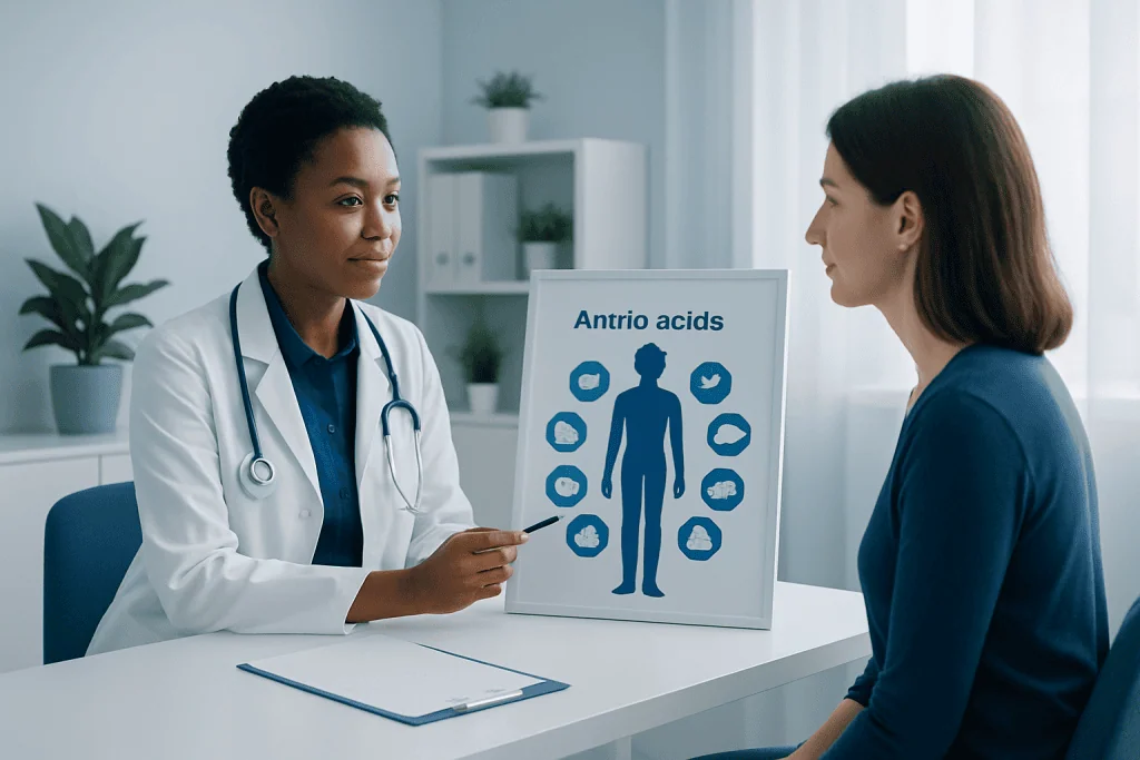 Doctor explaining amino acids to patient in a medical consultation.