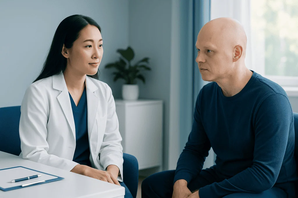 Doctor consulting with male patient about hair loss symptoms.