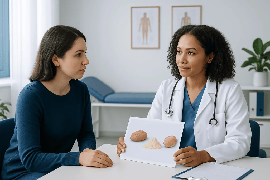 Doctor explaining dietary advice to a patient in a clinic setting.