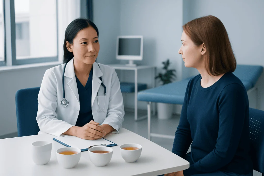 Doctor consulting with patient in a medical office setting.