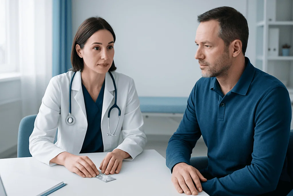 Doctor consulting with male patient in a medical office setting.