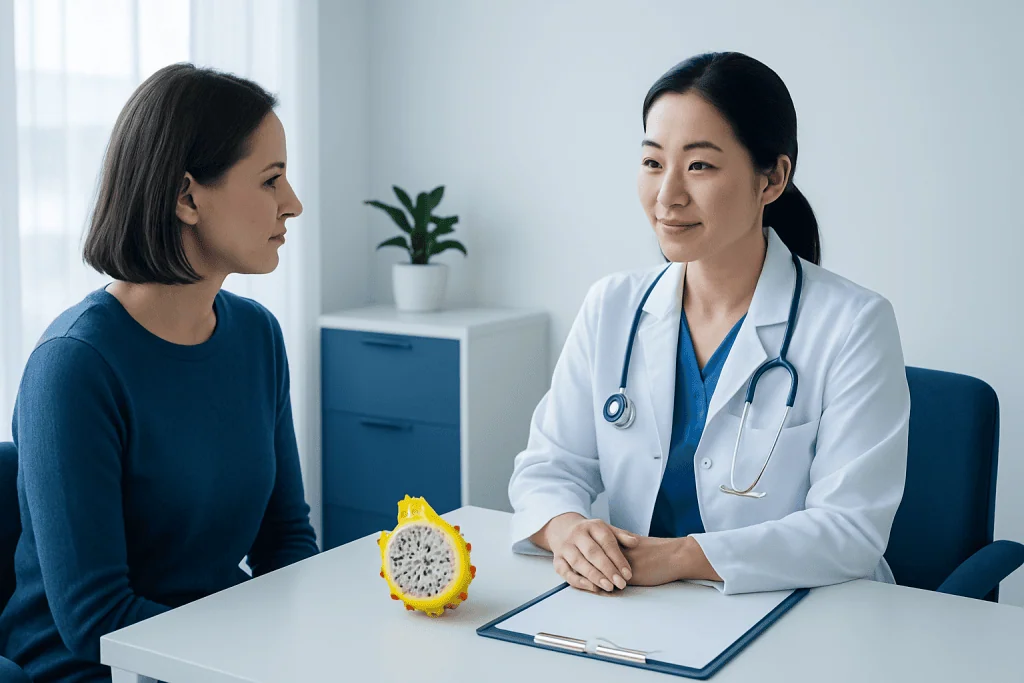 Doctor consulting a patient in a modern medical office with dragon fruit on the table.