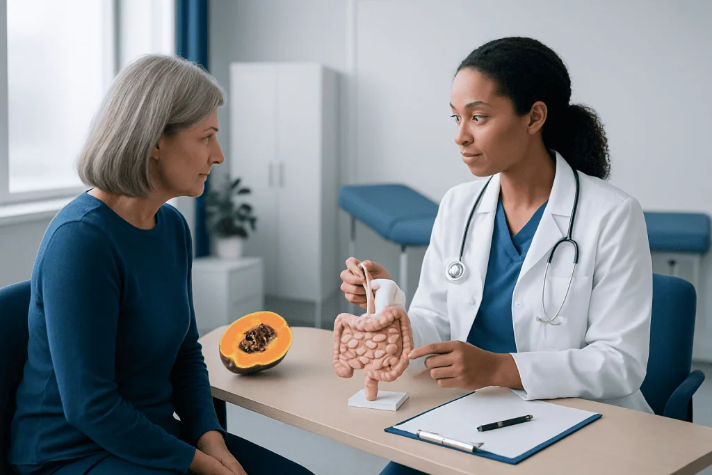 Doctor explaining digestive health to a patient with a papaya on the table.