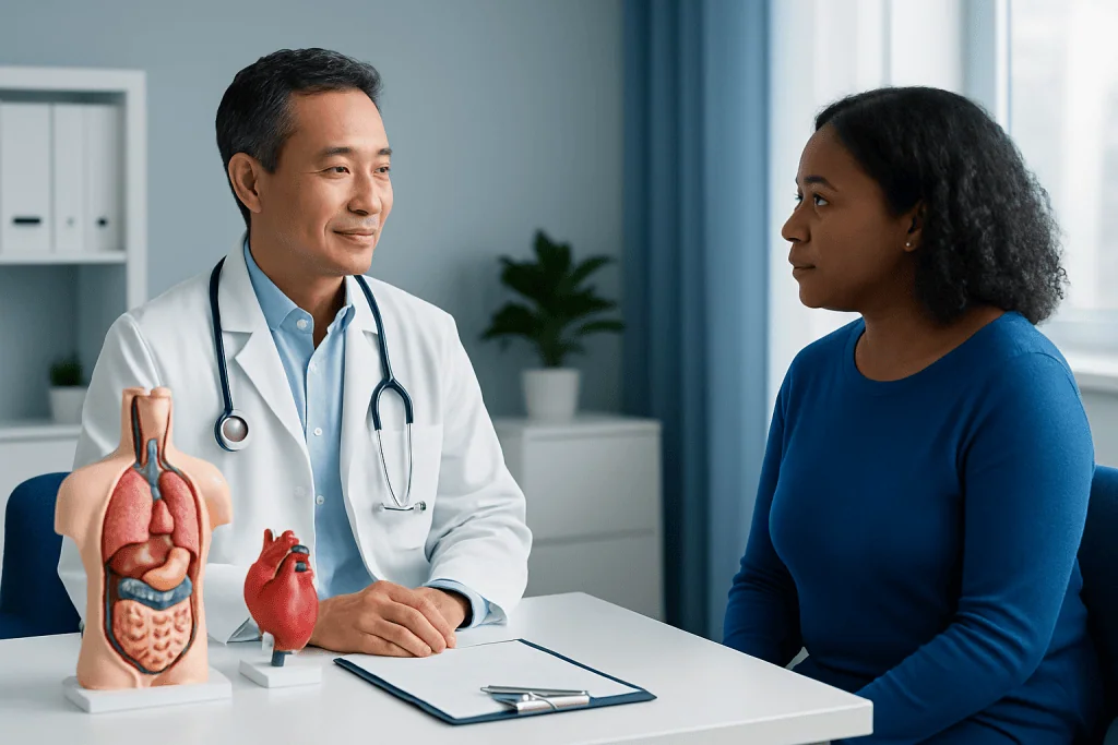 Doctor consulting a patient about digestive health with anatomical models.